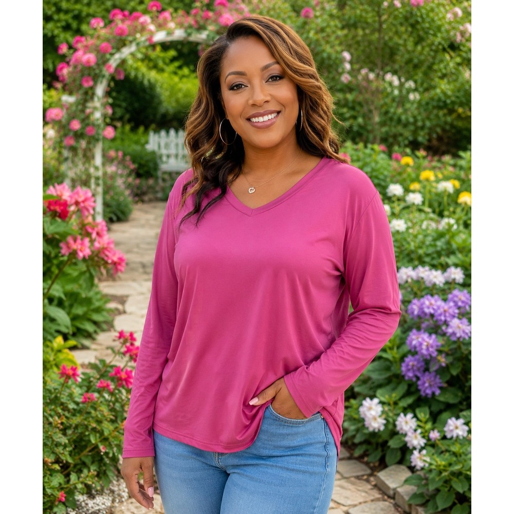 Uratot Womens Magenta Pink V-Neck Long Sleeve T-Shirt XXL‎ Stretch Top